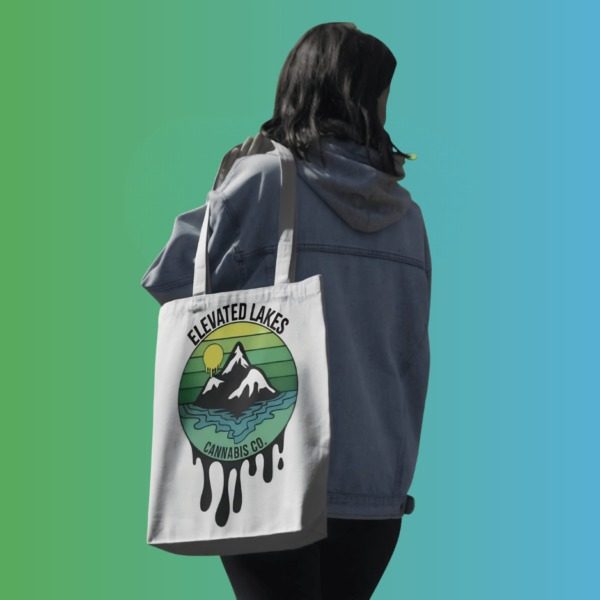 Elevated Lakes tote bag carried over the shoulder